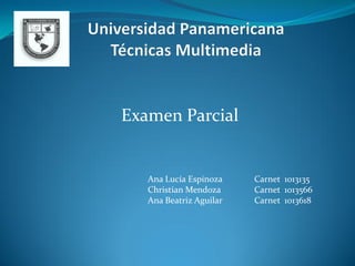 Examen Parcial


   Ana Lucía Espinoza    Carnet 1013135
   Christian Mendoza     Carnet 1013566
   Ana Beatriz Aguilar   Carnet 1013618
 