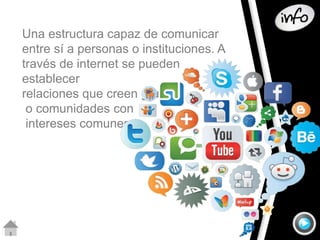 Una estructura capaz de comunicar 
entre sí a personas o instituciones. A 
través de internet se pueden 
establecer 
relaciones que creen grupos 
o comunidades con 
intereses comunes. 
 