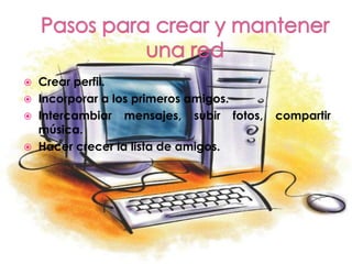  Crear perfil.
 Incorporar a los primeros amigos.
 Intercambiar mensajes, subir fotos,   compartir
  música.
 Hacer crecer la lista de amigos.
 