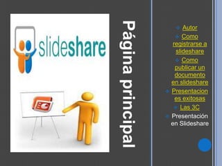 Página principal
                         Autor
                        Como
                      registrarse a
                       slideshare
                        Como
                       publicar un
                       documento
                     en slideshare
                    Presentacion
                       es exitosas
                       Las 3C
                    Presentación
                     en Slideshare
 