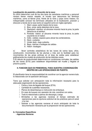 Localización de posición y dirección de la nave:
Es difícil determinar cual de los dos tipos de caracteres marítimos y personal
naviero tienen menos respeto: el novato que desconoce los términos
marítimos, como al llamar proa, frente de la nave y popa como trasero. Es
indispensable conocer los terminaos utilizados en la localización, posición y
dirección a bordo de la nave tanto en español como en ingles ejemplos:
1. Stern -popa- parte trasera de la nave.
2. Bow –proa- parte delantera de la nave.
3. Starboard –estribor- al ubicarse mirando hacia la proa, la parte
derecha es el estribor.
4. Portside –babor- al ubicarse mirando hacia la proa, la parte
izquierda es en babor.
5. Celis –celdas- espacio para ubicar los contenedores.
6. Deck –cubierta-
7. Under deck –bajo cubierta-
8. Bays –bahías o bodegas de celdas-
9. Hatch –bodegas-
e) llevar controles estadísticos de las naves de varios tipos, años,
construcción, movimientos de las plumas y más aún la facilidad para los
movimientos de las grúas pórticas en el área de estiba para establecer
gráficamente los niveles de producción de las distintas naves.
f) El cálculo de productividad determinará en condiciones normales, las salidas
de las naves (ETS) para establecer disponibilidad del muelle y llegada al
próximo puerto.
II. FUNCION QUE ES PRIMORDIAL PARA NUESTRA COORDINACIÓN
DENTRO DE LAS OPERACIONES DE PUERTO.
El planificador tiene la responsabilidad de coordinar con la agencia naviera todo
lo relacionado con la operación del buque.
Tiene que solicitar con anticipación toda la información necesaria para la
adecuada organización de las operaciones.
 Fecha y hora de llegada del buque (ETA).
 Cantidad de cuadrillas necesarias.
 Planos de desembarque e instrucción de embarque.
 En caso de buques con operador de ruta, coordinar con estos.
 Todo lo relacionado a planos de descarga y carga.
 Brindarles a las agencias navieras el tiempo estimado de
operaciones para la oportuna solicitud de los prácticos para el canal
o la mar.
 Solicitar a las agencias navieras el envío anticipado de toda la
documentación necesaria par la preparación de las operaciones.
A. Conceptos Específicos
- Agencias Navieras
6
 