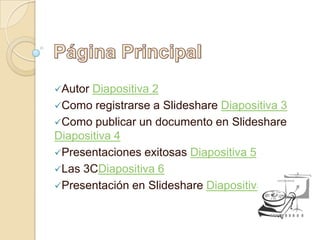 Autor Diapositiva 2
Como registrarse a Slideshare Diapositiva 3
Como publicar un documento en Slideshare
Diapositiva 4
Presentaciones exitosas Diapositiva 5
Las 3CDiapositiva 6
Presentación en Slideshare Diapositiva 7
 
