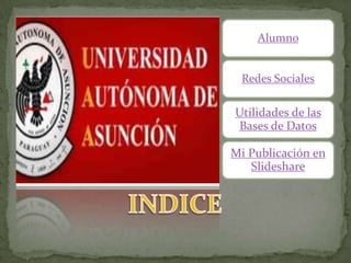 Alumno
Redes Sociales

Utilidades de las
Bases de Datos
Mi Publicación en
Slideshare

 