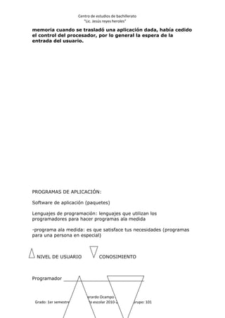Centro de estudios de bachillerato
                          “Lic. Jesús reyes heroles”

memoria cuando se trasladó una aplicación dada, había cedido
el control del procesador, por lo general la espera de la
entrada del usuario.




PROGRAMAS DE APLICACIÓN:

Software de aplicación (paquetes)

Lenguajes de programación: lenguajes que utilizan los
programadores para hacer programas ala medida

-programa ala medida: es que satisface tus necesidades (programas
para una persona en especial)



 NIVEL DE USUARIO                  CONOSIMIENTO



Programador



                          Gerardo Ocampo Ortiz
 Grado: 1er semestre      siclo escolar 2010-2011     Grupo: 101
 