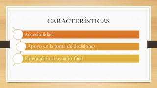 CARACTERÍSTICAS
Accesibilidad
Apoyo en la toma de decisiones
Orientación al usuario final
 