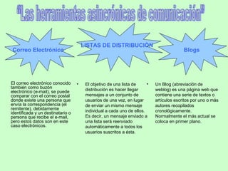 El correo electrónico conocido
también como buzón
electrónico (e-mail), se puede
comparar con el correo postal
donde existe una persona que
envía la correspondencia (el
remitente), debidamente
identificada y un destinatario o
persona que recibe el e-mail,
pero estos datos son en este
caso electrónicos.
Correo Electrónico
LISTAS DE DISTRIBUCIÒN
• El objetivo de una lista de
distribución es hacer llegar
mensajes a un conjunto de
usuarios de una vez, en lugar
de enviar un mismo mensaje
individual a cada uno de ellos.
Es decir, un mensaje enviado a
una lista será reenviado
automáticamente a todos los
usuarios suscritos a ésta.
Blogs
• Un Blog (abreviación de
weblog) es una página web que
contiene una serie de textos o
artículos escritos por uno o más
autores recopilados
cronológicamente.
Normalmente el más actual se
coloca en primer plano.
 
