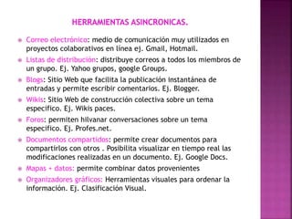  Correo electrónico: medio de comunicación muy utilizados en
proyectos colaborativos en línea ej. Gmail, Hotmail.
 Listas de distribución: distribuye correos a todos los miembros de
un grupo. Ej. Yahoo grupos, google Groups.
 Blogs: Sitio Web que facilita la publicación instantánea de
entradas y permite escribir comentarios. Ej. Blogger.
 Wikis: Sitio Web de construcción colectiva sobre un tema
especifico. Ej. Wikis paces.
 Foros: permiten hilvanar conversaciones sobre un tema
especifico. Ej. Profes.net.
 Documentos compartidos: permite crear documentos para
compartirlos con otros . Posibilita visualizar en tiempo real las
modificaciones realizadas en un documento. Ej. Google Docs.
 Mapas + datos: permite combinar datos provenientes
 Organizadores gráficos: Herramientas visuales para ordenar la
información. Ej. Clasificación Visual.
 