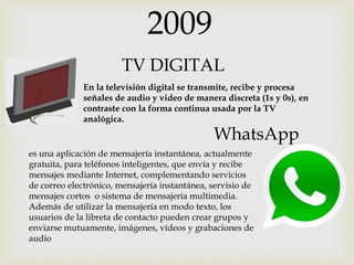 2009
En la televisión digital se transmite, recibe y procesa
señales de audio y video de manera discreta (1s y 0s), en
contraste con la forma continua usada por la TV
analógica.
TV DIGITAL
es una aplicación de mensajería instantánea, actualmente
gratuita, para teléfonos inteligentes, que envía y recibe
mensajes mediante Internet, complementando servicios
de correo electrónico, mensajería instantánea, servisio de
mensajes cortos o sistema de mensajería multimedia.
Además de utilizar la mensajería en modo texto, los
usuarios de la libreta de contacto pueden crear grupos y
enviarse mutuamente, imágenes, vídeos y grabaciones de
audio
WhatsApp
 