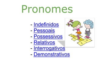 Pronomes
 - Indefinidos
 - Pessoais
 - Possessivos
 - Relativos
 - Interrogativos
 - Demonstrativos
 