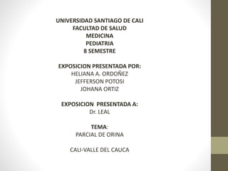 UNIVERSIDAD SANTIAGO DE CALI 
FACULTAD DE SALUD 
MEDICINA 
PEDIATRIA 
8 SEMESTRE 
EXPOSICION PRESENTADA POR: 
HELIANA A. ORDOÑEZ 
JEFFERSON POTOSI 
JOHANA ORTIZ 
EXPOSICION PRESENTADA A: 
Dr. LEAL 
TEMA: 
PARCIAL DE ORINA 
CALI-VALLE DEL CAUCA 
 