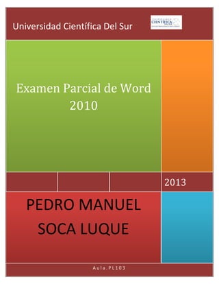 A u l a . P L 1 0 3
PEDRO MANUEL
SOCA LUQUE
2013
Examen Parcial de Word
2010
Universidad Científica Del Sur
 