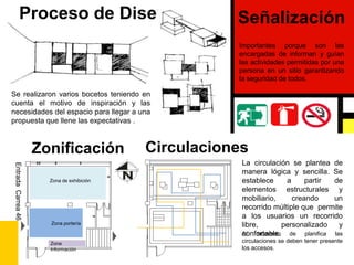 Proceso de DiseñoSeñalizaciónImportantes porque son las encargadas de informan y guían las actividades permitidas por una persona en un sitio garantizando la seguridad de todos.Se realizaron varios bocetos teniendo en cuenta el motivo de inspiración y las necesidades del espacio para llegar a una propuesta que llene las expectativas .ZonificaciónCirculacionesLa circulación se plantea de manera lógica y sencilla. Se establece a partir de elementos estructurales y mobiliario, creando un recorrido múltiple que  permite a los usuarios un recorrido libre,  personalizado y confortable.Zona de exhibiciónEntrada  Carrea 46Zona porteríaAl momento de planifica las circulaciones se deben tener presente los accesos.Zona Información