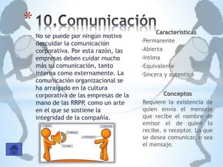 No se puede por ningún motivo
descuidar la comunicación
corporativa. Por esta razón, las
empresas deben cuidar mucho
más su comunicación, tanto
interna como externamente. La
comunicación organizacional se
ha arraigado en la cultura
corporativa de las empresas de la
mano de las RRPP, como un arte
en el que se sostiene la
integridad de la compañía.
* Características
-Permanente
-Abierta
-Intima
-Equivalente
-Sincera y autentica
Conceptos
Requiere la existencia de
quien envía el mensaje
que recibe el nombre de
emisor el de quien lo
recibe, o receptor. Lo que
se desea comunicar, o sea
el mensaje.
 