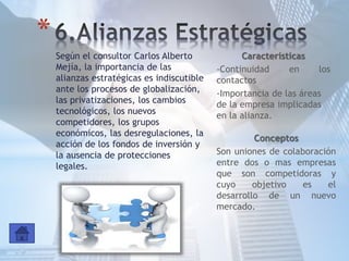 Según el consultor Carlos Alberto
Mejía, la importancia de las
alianzas estratégicas es indiscutible
ante los procesos de globalización,
las privatizaciones, los cambios
tecnológicos, los nuevos
competidores, los grupos
económicos, las desregulaciones, la
acción de los fondos de inversión y
la ausencia de protecciones
legales.
*
Características
-Continuidad en los
contactos
-Importancia de las áreas
de la empresa implicadas
en la alianza.
Conceptos
Son uniones de colaboración
entre dos o mas empresas
que son competidoras y
cuyo objetivo es el
desarrollo de un nuevo
mercado.
 