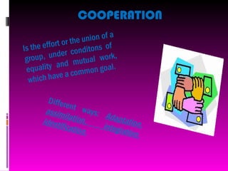 COOPERATION
                      nion of a
           rt or the u s of
Is the effo r conditon
 gro up, unde         ual work
                                ,
            and mut
 equality              on goal.
            ve a comm
  which ha

        Differ
                ent w
       assim            ays:
               ilation        Adapt
      identi          ,             ation,
             ficatio         integr
                     n.            ation,
 