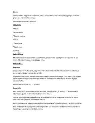 Cierre:
La docente lespreguntaráalosniños,si estaactividadlesparecíamás difícil yporque.Ganael
grupoque másaciertosconsiga.
Tiempo.Estimadode 10 minutos.
RECURSOS:
*Mesas.
*Afiche negro.
*Caja de madera.
*Vasos.
*Cartuchera.
*Cuadernos.
*Gomas.
EVALUACION:
Mediante laobservacióncontinuayconstante,se observará lacomprensiónporparte de los
niños.Ademásel trabajo realizadoporellos.
ACTIVIDAD 3.
Apertura:
La docente amodode cierre,lespropondrárealizarlaactividadde “dictadode maquetas”que
viene realizandoperosinsuintervención.
Dispondráel escenarioconambasmesasseparadasporun afiche negro.Enla mesa1, losobjetos
seránorganizadosporun alumnoque dará a las órdenes,yenlamesa2 losmismosobjetos
desordenados.
Tiempo:estimadode 10 a 15 minutos.
Desarrollo:
Para comenzarla actividadelegirálosdosniños, unose ubicaráenla mesa1 y acomodarálos
objetos a sugusto.El otro niñose ubicará enla mesa2.
Uno de losniñoscomenzaráa efectuarlasordenesnecesariasparaque el otroniñolas pueda
ordenarlomás parecidoposible enlamesa2.
Luegocambiaránde lugarpara que ambos niños puedanefectuarlasordenesytambiénrecibirlas.
Ellospodránefectuarpreguntassi nocomprendenunaubicaciónypodránrepetirse lasórdenes
hasta llegarala comprensiónde lamisma.
 