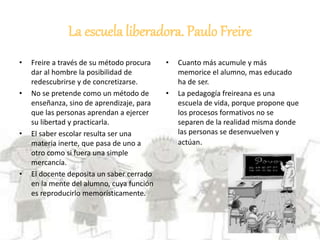 La escuela liberadora. Paulo Freire
• Freire a través de su método procura
dar al hombre la posibilidad de
redescubrirse y de concretizarse.
• No se pretende como un método de
enseñanza, sino de aprendizaje, para
que las personas aprendan a ejercer
su libertad y practicarla.
• El saber escolar resulta ser una
materia inerte, que pasa de uno a
otro como si fuera una simple
mercancía.
• El docente deposita un saber cerrado
en la mente del alumno, cuya función
es reproducirlo memorísticamente.
• Cuanto más acumule y más
memorice el alumno, mas educado
ha de ser.
• La pedagogía freireana es una
escuela de vida, porque propone que
los procesos formativos no se
separen de la realidad misma donde
las personas se desenvuelven y
actúan.
 