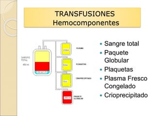 TRANSFUSIONES
Hemocomponentes
 Sangre total
 Paquete
Globular
 Plaquetas
 Plasma Fresco
Congelado
 Crioprecipitado
 