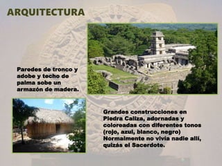 Paredes de tronco y
adobe y techo de
palma sobe un
armazón de madera.
Grandes construcciones en
Piedra Caliza, adornadas y
coloreadas con diferentes tonos
(rojo, azul, blanco, negro)
Normalmente no vivía nadie allí,
quizás el Sacerdote.
 