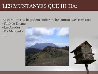 LES MUNTANYES QUE HI HA: En el Montseny hi podem trobar moltes muntanyes com ara: -Turó de l'home -Les Agudes  -Els Matagalls -... 