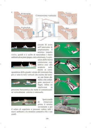 è




                                    cercato di avere
                                    nell’intervento di
                                    ampliamento il
                                    minimo impatto
visivo, quindi si è scelto di nascondere i nuovi
ambienti ad un piano ipogeo, cioè sotterraneo. La pre-
                                    senza della nuova
                                    costruzione con-
                                    nettiva esce allo
                                    scoperto       sola-
                                    mente in corri-
spondenza della grande vetrata del ristorante-bar,
poi ci sono le torri verticali che escono dal terre-
                                    no con forme pla-
                                    stiche e che conten-
                                    gono ascensori e
                                    bagni, infine un
                                    impluvium         in
posizione baricentrica che mette in comunicazio-
ne verticalmente esterno e sottosuolo.


                                      Ipotizzando
                                di     rimuovere
                                prima il terreno
                                sovrastante e poi
il solaio di copertura si possono vedere tutti i
nuovi ambienti e la struttura connettiva fra i vari
casali.

                                              109
 