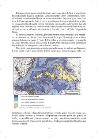 L'andamento di questi ultimi due fossi, a direzione circa E-W, è probabilmen-
te condizionato da cause strutturali. Verosimilmente i settori settentrionale e meri-
dionale del Parco hanno subito un sollevamento relativo rispetto alla porzione cen-
trale dell'area; questo ha fatto sì che si impostassero fenomeni di erosione seletti-
va in seguito alla differente energia potenziale che si andò a determinare. Per tale
ragione nelle zone rialzate settentrionale e meridionale mancano i depositi vulca-
nici più recenti e affiorano direttamente i depositi relativi al Tufo Grigio della
Storta.
     La natura dei terreni affioranti, prevalentemente poco permeabile e la penden-
za, permettono un discreto ruscellamento delle acque di precipitazione e favo-
riscono il drenaggio verso il Fosso dell'Inviolata e secondariamente verso quello
di Marco Simone, i quali, in occasione di eventi meteorici consistenti, aumentano
notevolmente la loro portata, normalmente modesta.
     Non si rilevano fenomeni gravitativi particolarmente pericolosi, quelli presen-
ti sono infatti relativi a movimenti di terra superficiali che coinvolgono solo i ter-




reni eluvio-colluviali e la parte sommitale dei versanti; questi possono essere clas-
sificati come soliflusso e fenomeni di reptazione causando quindi una perdita di
suolo che potrebbe essere tamponata nei casi più evidenti con modesti interventi
tecnici, quali quelli d'ingegneria naturalistica, finalizzati soprattutto alla difesa dei
versanti in frana.

                                          14
 