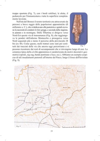 troppo spuntata (Fig. 7), con i bordi rettilinei, le alette, il
peduncolo per l'immanicatura e tutta la superficie completa-
mente lavorata.
     Nell'età del Bronzo il nostro territorio era attraversato da
percorsi a breve raggio delle popolazioni appenniniche (II
millennio a. C.), che si dedicavano alla pastorizia e quindi aveva-
no la necessità di condurre le loro greggi, a seconda della stagione,
in pianura o in montagna. Dalla Tiburtina si dirigeva verso
Nord-Est questa via di transumanza (Fig. 8), che raggiunge-
va le pendici dell'odierno Montecelio e proseguiva verso
Nord seguendo più o meno il percorso della provinciale 28
bis (ex 48). Come questo, molti tratturi sono stati poi sosti-
tuiti dai tracciati delle vie che ancora oggi percorriamo e si                 Fig. 7

possono ricostruire dai resti di accampamenti che si rinvengono lungo di essi. La
ceramica tipica della civiltà appenninica è caratterizzata da motivi decorativi geo-
metrici (spirali, zig-zag, bande puntinate e lisce, ecc.). Abbiamo un esempio cospi-
cuo di tali insediamenti pastorali all'interno del Parco, lungo il fosso dell'Inviolata
(Fig. 9).




    Fig. 8

                                            19
 