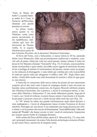 "Torre di Monte del
Sorbo" è, secondo l'atten-
ta analisi di J. Coste, la
Torraccia dell'Inviolata,
chiamata così perché
prossima al castrum.
     La prima strada,
antica quanto la via
Tiburtina, venne come
questa pavimentata in
età repubblicana; indi-
viduata agli inizi del
Novecento da Thomas
Ashby, fu in seguito
illustrata passo passo da                                                             Fig. 18

don Celestino Piccolini, che la denominò Tiburtino-Cornicolana.
     Al bivio del Forno, cioè a Settecamini, si stacca tuttora la 28 bis, puntando
diritta verso Montecelio; della sua pavimentazione medioevale e moderna, a pic-
coli selci di pietra, rifatta più volte nei secoli passati, rimane soltanto il tratto nei
pressi di Tor Mastorta chiamato "Selciatella" (Fig. 15). Il selciato, ancora perfetta-
mente riconoscibile e quasi intatto, dovrebbe essere oggetto di attenzione da parte
di chi si prefigge di tutelare le testimonianze del passato, mentre esiste un proget-
to che minaccia di distruggerlo: è stata infatti già ventilata più volte la possibilità
di riattivare questo tratto per alleggerire il traffico sulla "48". Negli ultimi anni,
inoltre, i bordi della strada sono stati disseminati di scarichi e rifiuti di ogni gene-
re, mai rimossi.
     A Setteville la costruzione della nuova chiesa ha portato ad una interessante
scoperta: più di due metri sotto il piano di campagna attuale è stato rinvenuto un
basolato antico perfettamente conservato, da Eugenio Moscetti attribuito proprio
alla Tiburtino-Cornicolana, che si pensava, e alcuni lo sostengono tuttora, si stac-
casse dalla Tiburtina a Settecamini. E' una strada abbastanza grande, larga più di
3 metri, con i bordi di rinfianco in pietra bianca mentre il pavimento è di basalto.
In più punti si possono osservare i solchi lasciati dalle ruote dei carri (Fig. 16).
     La "48" attuale ha subito una grande trasformazione negli ultimi decenni; è
stata raddoppiata e i lavori di allargamento hanno rivelato l'esistenza di diverse
antichità. Purtroppo nei suoi pressi si era impiantata una mega-discarica per rifiu-
ti urbani e ciò ha portato alla nascita dell'associazione "Amici dell'Inviolata" e alla costi-
tuzione del "Presidio", che hanno cercato in tutti i modi di contrastarne l'espansione
per risanare questo lembo di Campagna Romana.
     Nella cartina del Parco dell'Inviolata, opera di E. Moscetti (Fig. 17), sono indi-
cati i principali monumenti: da notare l'alta densità archeologica esistente all'inter-
no del nostro Parco, meritevole di integrale tutela.
                                                25
 