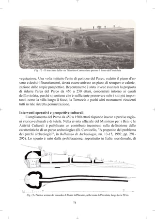 Fig. 12 - Il tracciato della via Tiburtino-Cornicolana presso il fosso dell'Inviolata


vegetazione. Una volta istituito l'ente di gestione del Parco, redatto il piano d'as-
setto e decisi i finanziamenti, dovrà essere attivato un piano di recupero e valoriz-
zazione dalle ampie prospettive. Recentemente è stata invece avanzata la proposta
di ridurre l'area del Parco da 450 a 250 ettari, concentrati intorno ai casali
dell'Inviolata, perché si sostiene che è sufficiente preservare solo i siti più impor-
tanti, come la villa lungo il fosso, la Torraccia e pochi altri monumenti ricadenti
tutti in tale ristretta perimetrazione.

Interventi operativi e prospettive culturali
     L'ampliamento del Parco da 450 a 1500 ettari risponde invece a precise ragio-
ni storico-culturali e di tutela. Nella rivista ufficiale del Ministero per i Beni e le
Attività Culturali è pubblicato un contributo incentrato sulla definizione delle
caratteristiche di un parco archeologico (B. Conticello, "A proposito del problema
dei parchi archeologici", in Bollettino di Archeologia, nn. 13-15, 1992, pp. 291-
295). Lo spunto è nato dalla proliferazione, soprattutto in Italia meridionale, di




     Fig. 13 - Pianta e sezione del mausoleo di Monte dell'Incastro, nella tenuta dell'Inviolata, lungo la via 28 bis

                                                        78
 