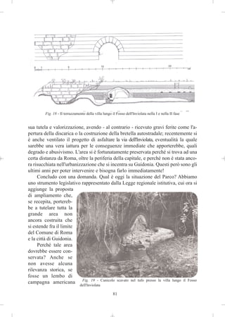 Fig. 18 - Il terrazzamento della villa lungo il Fosso dell'Inviolata nella I e nella II fase


sua tutela e valorizzazione, avendo - al contrario - ricevuto gravi ferite come l'a-
pertura della discarica o la costruzione della bretella autostradale; recentemente si
è anche ventilato il progetto di asfaltare la via dell'Inviolata, eventualità la quale
sarebbe una vera iattura per le conseguenze immediate che apporterebbe, quali
degrado e abusivismo. L'area si è fortunatamente preservata perché si trova ad una
certa distanza da Roma, oltre la periferia della capitale, e perché non è stata anco-
ra risucchiata nell'urbanizzazione che si incentra su Guidonia. Questi però sono gli
ultimi anni per poter intervenire e bisogna farlo immediatamente!
     Concludo con una domanda. Qual è oggi la situazione del Parco? Abbiamo
uno strumento legislativo rappresentato dalla Legge regionale istitutiva, cui ora si
aggiunge la proposta
di ampliamento che,
se recepita, portereb-
be a tutelare tutta la
grande area non
ancora costruita che
si estende fra il limite
del Comune di Roma
e la città di Guidonia.
     Perché tale area
dovrebbe essere con-
servata? Anche se
non avesse alcuna
rilevanza storica, se
fosse un lembo di
campagna americana Fig. 19 - Cunicolo scavato nel tufo presso la villa lungo il Fosso
                               dell'Inviolata

                                                      81
 