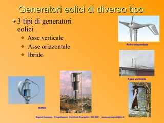 Generatori eolici di diverso tipo
3 tipi di generatori
eolici
   Asse verticale
                                                                                                   Asse orizzontale
   Asse orizzontale
   Ibrido


                                                                                                   Asse verticale




        Ibrido


      Bagnoli Lorenzo - Progettazioni, Certificati Energetici, ISO 9001 - lorenzo.bagnoli@tin.it
 