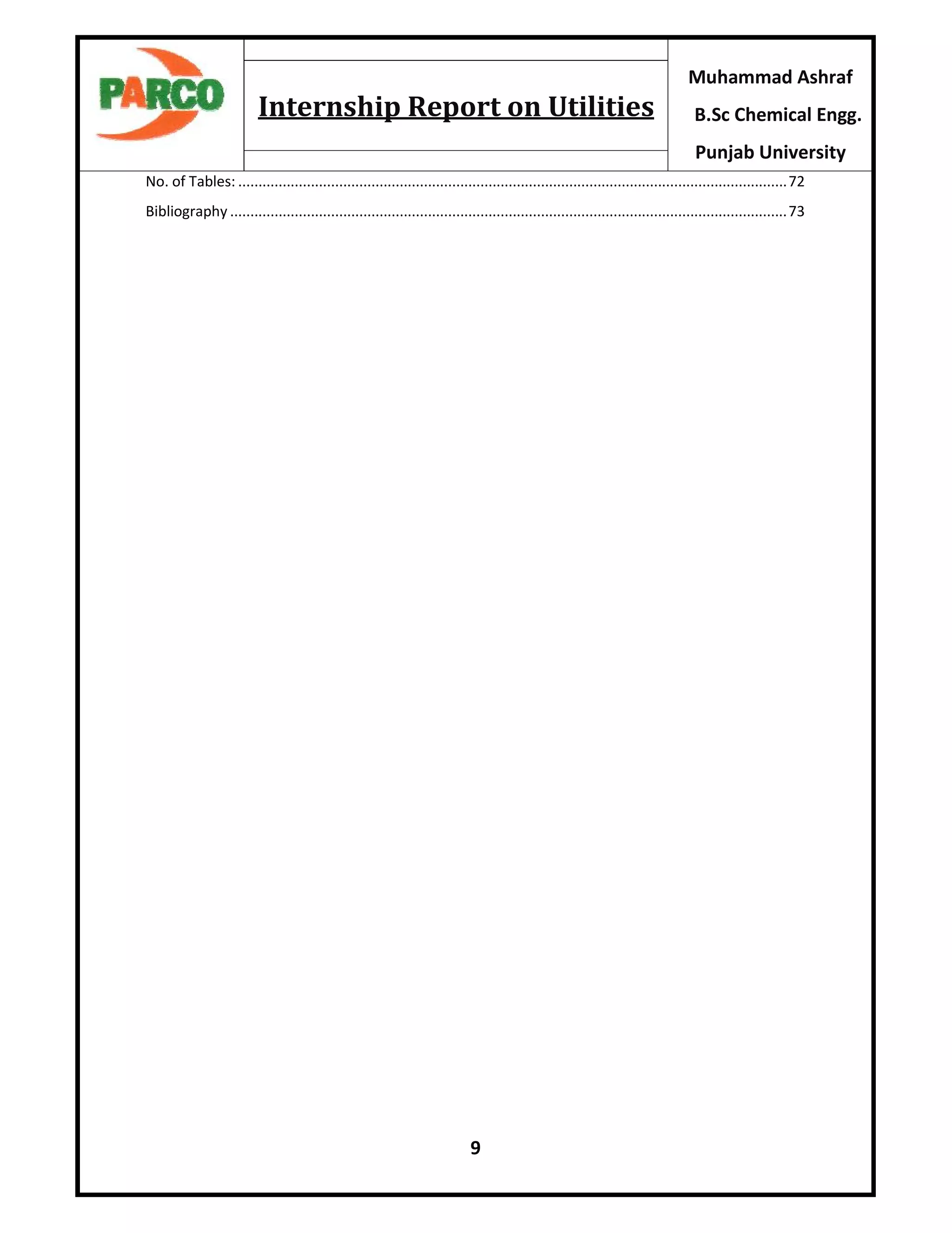 9
Muhammad Ashraf
B.Sc Chemical Engg.
Punjab University
Internship Report on Utilities
No. of Tables: ........................................................................................................................................72
Bibliography ..........................................................................................................................................73
 
