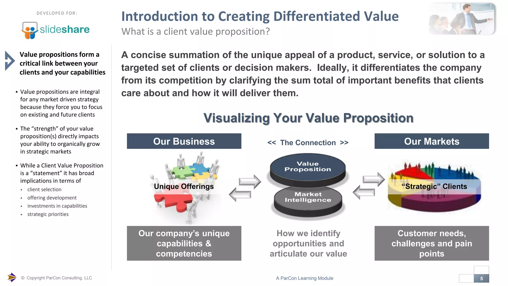 © Copyright ParCon Consulting, LLC 5A ParCon Learning Module

DEVELOPED FOR:
Introduction to Creating Differentiated Value
What is a client value proposition?
A concise summation of the unique appeal of a product, service, or solution to a
targeted set of clients or decision makers. Ideally, it differentiates the company
from its competition by clarifying the sum total of important benefits that clients
care about and how it will deliver them. Value propositions are integral
for any market driven strategy
because they force you to focus
on existing and future clients
 The “strength” of your value
proposition(s) directly impacts
your ability to organically grow
in strategic markets
 While a Client Value Proposition
is a “statement” it has broad
implications in terms of
• client selection
• offering development
• investments in capabilities
• strategic priorities
How we identify
opportunities and
articulate our value
Our Markets
Customer needs,
challenges and pain
points
Visualizing Your Value Proposition
<< The Connection >>Our Business
Our company’s unique
capabilities &
competencies
Value propositions form a
critical link between your
clients and your capabilities
Unique Offerings “Strategic” Clients
 