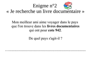 Enigme n°2
« Je recherche un livre documentaire »
Mon meilleur ami aime voyager dans le pays
que l'on trouve dans les livres documentaires
qui ont pour cote 942.
De quel pays s'agit-il ?
…............................................................................
 