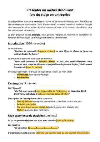 Parcours avenir. trame pour l'oral