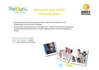 • Que nos moteurs et nos freins peuvent aider le choix de notre activité, de nos
collaborateurs, de notre travail en équipe
• De nos atouts entrepreneuriaux et ceux des autres – Prendre conscience de la nécessaire
complémentarité des talents dans un travail d'équipe et être conscient des apports de
chacun
Nombre de participants : 6 à 15
Durée de l’animation : 3 heures
Local : dans lequel on peut bouger
Découvrir mes atouts
d’entrepreneur
 