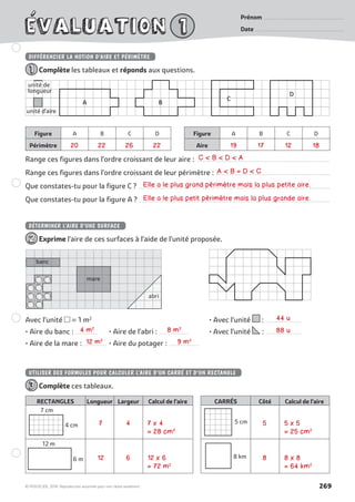 269© MDI/SEJER, 2018. Reproduction autorisée pour une classe seulement.
Prénom . . . . . . . . . . . . . . . . . . . . . . . . . . . . . . . . . . . . . . . . . .
Date . . . . . . . . . . . . . . . . . . . . . . . . . . . . . . . . . . . . . . . . . . . . . . .
DIFFÉRENCIER LA NOTION D’AIRE ET PÉRIMÈTRE
Complète les tableaux et réponds aux questions.
unité d’aire
unité de
longueur
A B
C
D
Figure A B C D
Périmètre
Figure A B C D
Aire
Range ces figures dans l’ordre croissant de leur aire : . . . . . . . . . . . . . . . . . . . . . . . . . . . . . . . . . . . . . . . . . . . . . . . . . . . . . . . . . . . . . . . . . . . . . . .
Range ces figures dans l’ordre croissant de leur périmètre : . . . . . . . . . . . . . . . . . . . . . . . . . . . . . . . . . . . . . . . . . . . . . . . . . . . . . . . . . . . . .
Que constates-tu pour la figure C ? . . . . . . . . . . . . . . . . . . . . . . . . . . . . . . . . . . . . . . . . . . . . . . . . . . . . . . . . . . . . . . . . . . . . . . . . . . . . . . . . . . . . . . . . . . . . . . . . . . . . . .
Que constates-tu pour la figure A ? . . . . . . . . . . . . . . . . . . . . . . . . . . . . . . . . . . . . . . . . . . . . . . . . . . . . . . . . . . . . . . . . . . . . . . . . . . . . . . . . . . . . . . . . . . . . . . . . . . . . . .
DÉTERMINER L’AIRE D’UNE SURFACE
Exprime l’aire de ces surfaces à l’aide de l’unité proposée.
mare
banc
abriabri
Avec l’unité = 1 m2
• Avec l’unité  : . . . . . . . . . . . . . . . . . . .
• Aire du banc : . . . . . . . . . . . . • Aire de l’abri : . . . . . . . . . . . . . . . . • Avec l’unité  : . . . . . . . . . . . . . . . . . . .
• Aire de la mare : . . . . . . . . . . . . • Aire du potager : . . . . . . . . . . . . . . . .
UTILISER DES FORMULES POUR CALCULER L’AIRE D’UN CARRÉ ET D’UN RECTANGLE
Complète ces tableaux.
RECTANGLES Longueur Largeur Calcul de l’aire
4 cm
7 cm
12 m
6 m
CARRÉS Côté Calcul de l’aire
5 cm
8 km
20 1922 1726 1222 18
C < B < D < A
A < B = D < C
Elle a le plus grand périmètre mais la plus petite aire.
Elle a le plus petit périmètre mais la plus grande aire.
4 m2
12 m2
8 m2
44 u
88 u
9 m2
7 5
12 8
4
6
7 x 4
= 28 cm2
5 x 5
= 25 cm2
12 x 6
= 72 m2
8 x 8
= 64 km2
 