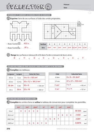 270 © MDI/SEJER, 2018. Reproduction autorisée pour une classe seulement.
Prénom . . . . . . . . . . . . . . . . . . . . . . . . . . . . . . . . . . . . . . . . . .
Date . . . . . . . . . . . . . . . . . . . . . . . . . . . . . . . . . . . . . . . . . . . . . . .
DÉTERMINER ET COMPARER LES MESURES D’AIRE DE SURFACES
Exprime l’aire de ces surfaces à l’aide des unités proposées.
1 m
1 muuuuuu
B
C
A D
E
F
H
• Avec l’unité  : . . . . . . . . . . . . . . . . . . .
• Avec l’unité  : . . . . . . . . . . . . . . . . . . .
Range les surfaces ci-dessus (A à H) dans l’ordre croissant de leurs aires.
. . . . . . . . . . . . . . . . < . . . . . . . . . . . . . . . . < . . . . . . . . . . . . . . . . < . . . . . . . . . . . . . . . . < . . . . . . . . . . . . . . . . < . . . . . . . . . . . . . . . . < . . . . . . . . . . . . . . . . < . . . . . . . . . . . . . . . .
UTILISER DES FORMULES POUR CALCULER L’AIRE D’UN CARRÉ ET D’UN RECTANGLE
Complète ces tableaux.
Longueur Largeur Calcul de l’aire
24 cm 5 cm . . . . . . . . . . . . . . . . . . . . . . . . . . . . . . . . . . . . . . . . . .
26 hm 7,2 hm . . . . . . . . . . . . . . . . . . . . . . . . . . . . . . . . . . . . . . . . . .
. . . . . . . . . . . . . . . 6 dm . . . . . . . . . . . . . . . . . . . . . . . . . . . = 336 dm2
20 m . . . . . . . . . . . . . . . . . . . . . . . . . . . . . . . . . . . . . . . . . . = 360 m2
Côté Calcul de l’aire
8 dam . . . . . . . . . . . . . . . . . . . . . . . . . . . . . . . . . . . . . . . . .
27 mm . . . . . . . . . . . . . . . . . . . . . . . . . . . . . . . . . . . . . . . . .
. . . . . . . . . . . . . . . . . . . . . . . . . . . . . . . . . . . . . . . . . . . . . . . . . . . . . . . . . . . . = 49 cm2
. . . . . . . . . . . . . . . . . . . . . . . . . . . . . . . . . . . . . . . . . . . . . . . . . . . . . . . . . . . . = 121 m2
UTILISER DES UNITÉS DE MESURES D’AIRE
Complète les unités d’aire et utilise le tableau de conversion pour compléter les pointillés.
. . . . . . . . . . . . . . . . . . . . . . . . . . . . . . . . . . . . . . . . . . . . . . . . . . . . . . . . . . . . . . . . . . . . . . . . . . . . . . . . . . . . . . . . . . . . . . . . . . . . . . . . .
9 km2
. . . . . . . . . . . . . . . . . . . dam2
28,3 cm2
. . . . . . . . . . . . . . . . . . . . mm2
268,7 dm2
. . . . . . . . . . . . . . . . . . . . . . m2
5879 m2
. . . . . . . . . . . . . . . . . . . . . hm2
Surface A B C D E F G H
Aire
43,5 u
87 u
B
24 x 5 = 120 cm2 8 x 8 = 64 dam2
26 x 7,2 = 187,2 hm2 27 x 27 = 729 mm2
56 x 6 7 x 756 dm 7 cm2
11 m2
20 x 18 11 x 11
90 0009 0 0 0 0
2 830
2,687
0,5879
18 m
H G C D E A F
8 m2
1 m2
3 m2
4 m2
6 m2
8,5 m2
2 m2
1,5 m2
km2
hm2
dam2
m2
dm2
cm2
mm2
2 8 3 0
2 6 8 7
0 5 8 7 9
,
,
 