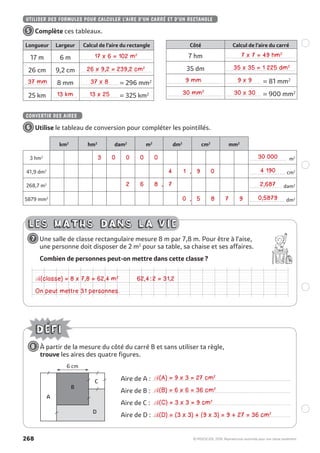 268 © MDI/SEJER, 2018. Reproduction autorisée pour une classe seulement.
UTILISER DES FORMULES POUR CALCULER L’AIRE D’UN CARRÉ ET D’UN RECTANGLE
5 Complète ces tableaux.
Longueur Largeur Calcul de l’aire du rectangle
17 m 6 m . . . . . . . . . . . . . . . . . . . . . . . . . . . . . . . . . . . . . . . . . .
26 cm 9,2 cm . . . . . . . . . . . . . . . . . . . . . . . . . . . . . . . . . . . . . . . . . .
. . . . . . . . . . . . . . . 8 mm . . . . . . . . . . . . . . . . . . . . . . . = 296 mm2
25 km . . . . . . . . . . . . . . . . . . . . . . . . . . . . . . . . . . . . . . = 325 km2
Côté Calcul de l’aire du carré
7 hm . . . . . . . . . . . . . . . . . . . . . . . . . . . . . . . . . . . . . . . . .
35 dm . . . . . . . . . . . . . . . . . . . . . . . . . . . . . . . . . . . . . . . . .
. . . . . . . . . . . . . . . . . . . . . . . . . . . . . . . . . . . . . . . . . . . . . . . . . . . . . . = 81 mm2
. . . . . . . . . . . . . . . . . . . . . . . . . . . . . . . . . . . . . . . . . . . . . . . . . . . . . . = 900 mm2
CONVERTIR DES AIRES
6 Utilise le tableau de conversion pour compléter les pointillés.
km2
hm2
dam2
m2
dm2
cm2
mm2
3 hm2
. . . . . . . . . . . . . . . . . . . . . . m2
41,9 dm2
. . . . . . . . . . . . . . . . . . . . . cm2
268,7 m2
. . . . . . . . . . . . . . . . . . . dam2
5879 mm2
. . . . . . . . . . . . . . . . . . . . . dm2
7 Une salle de classe rectangulaire mesure 8 m par 7,8 m. Pour être à l’aise,
une personne doit disposer de 2 m2
pour sa table, sa chaise et ses affaires.
Combien de personnes peut-on mettre dans cette classe ?
8 À partir de la mesure du côté du carré B et sans utiliser ta règle,
trouve les aires des quatre figures.
Aire de A : . . . . . . . . . . . . . . . . . . . . . . . . . . . . . . . . . . . . . . . . . . . . . . . . . . . . . . . . . . . . . . . . . . . . . . . . . . . . . . . . . .
Aire de B : . . . . . . . . . . . . . . . . . . . . . . . . . . . . . . . . . . . . . . . . . . . . . . . . . . . . . . . . . . . . . . . . . . . . . . . . . . . . . . . . . .
Aire de C : . . . . . . . . . . . . . . . . . . . . . . . . . . . . . . . . . . . . . . . . . . . . . . . . . . . . . . . . . . . . . . . . . . . . . . . . . . . . . . . . . .
Aire de D : . . . . . . . . . . . . . . . . . . . . . . . . . . . . . . . . . . . . . . . . . . . . . . . . . . . . . . . . . . . . . . . . . . . . . . . . . . . . . . . . . .
B
A
C
D
6 cm
17 x 6 = 102 m2
26 x 9,2 = 239,2 cm2
37 mm 9 mm
30 mm2
13 km
37 x 8 9 x 9
30 x 3013 x 25
30 0003 0 0 0 0
4 190
2,687
0,5879
7 x 7 = 49 hm2
35 x 35 = 1 225 dm2
4
2
1
6
9
8
0
7
,
,
0 5, 8 7 9
!(classe) = 8 x 7,8 = 62,4 m2
62,4:2 = 31,2
On peut mettre 31 personnes.
!(A) = 9 x 3 = 27 cm2
!(B) = 6 x 6 = 36 cm2
!(C) = 3 x 3 = 9 cm2
!(D) = (3 x 3) + (9 x 3) = 9 + 27 = 36 cm2
 