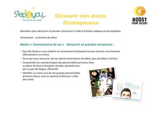 Animation pour découvrir et prendre conscience à l'aide d'activités ludiques et participatives
Introduction : La fenetre de Johari
Atelier « Connaissance de soi » - découvrir et prendre conscience :
• Que des facteurs nous mettent en mouvement (motivation) et que d'autres nous freinent
(démotivation ou freins)
• De ce qui nous ressource, de nos talents (motivations durables, peu sensibles à l'échec)
• Comprendre les caractéristiques des personnalités primaires liées
au plaisir de faire (motivation durable, persévérance,
pas ou peu de fatigue, efficacité)
• Identifier au moins une de nos propres personnalités
primaires (deux, trois ou quatre) et découvrir celles
des autres
Découvrir mes atouts
d’entrepreneur
 