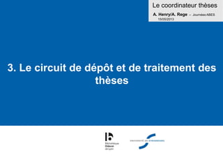 Le coordinateur thèses
A. Henry/A. Rege – Journées ABES
15/05/2013
3. Le circuit de dépôt et de traitement des
thèses
 