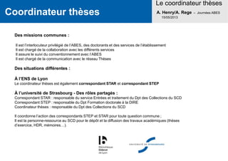 Coordinateur thèses
Le coordinateur thèses
A. Henry/A. Rege – Journées ABES
15/05/2013
Des missions communes :
Il est l’interlocuteur privilégié de l’ABES, des doctorants et des services de l’établissement
Il est chargé de la collaboration avec les différents services
Il assure le suivi du conventionnement avec l’ABES
Il est chargé de la communication avec le réseau Thèses
Des situations différentes :
À l’ENS de Lyon
Le coordinateur thèses est également correspondant STAR et correspondant STEP
À l’université de Strasbourg - Des rôles partagés :
Correspondant STAR : responsable du service Entrées et traitement du Dpt des Collections du SCD
Correspondant STEP : responsable du Dpt Formation doctorale à la DIRE
Coordinateur thèses : responsable du Dpt des Collections du SCD
Il coordonne l’action des correspondants STEP et STAR pour toute question commune ;
Il est la personne-ressource au SCD pour le dépôt et la diffusion des travaux académiques (thèses
d’exercice, HDR, mémoires…).
 