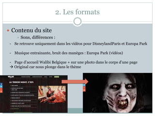 2. Les formats
 Contenu du site
 Sons, différences :
- Se retrouve uniquement dans les vidéos pour DisneylandParis et Europa Park
- Musique entrainante, bruit des manèges : Europa Park (vidéos)
- Page d’accueil Walibi Belgique + sur une photo dans le corps d’une page
 Original car nous plonge dans le thème
 