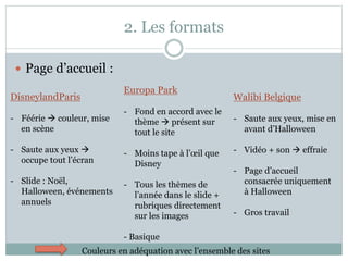2. Les formats
 Page d’accueil :
DisneylandParis
- Féérie  couleur, mise
en scène
- Saute aux yeux 
occupe tout l’écran
- Slide : Noël,
Halloween, événements
annuels
Europa Park
- Fond en accord avec le
thème  présent sur
tout le site
- Moins tape à l’œil que
Disney
- Tous les thèmes de
l’année dans le slide +
rubriques directement
sur les images
- Basique
Walibi Belgique
- Saute aux yeux, mise en
avant d’Halloween
- Vidéo + son  effraie
- Page d’accueil
consacrée uniquement
à Halloween
- Gros travail
Couleurs en adéquation avec l’ensemble des sites
 