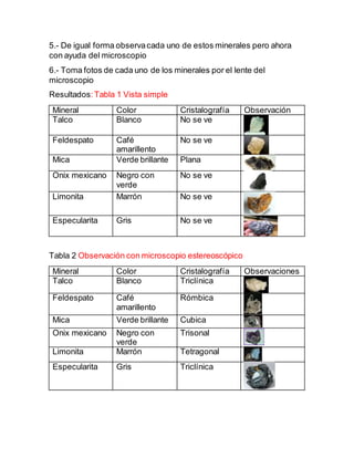 5.- De igual forma observacada uno de estos minerales pero ahora
con ayuda del microscopio
6.- Toma fotos de cada uno de los minerales por el lente del
microscopio
Resultados:Tabla 1 Vista simple
Mineral Color Cristalografía Observación
Talco Blanco No se ve
Feldespato Café
amarillento
No se ve
Mica Verde brillante Plana
Onix mexicano Negro con
verde
No se ve
Limonita Marrón No se ve
Especularita Gris No se ve
Tabla 2 Observación con microscopio estereoscópico
Mineral Color Cristalografía Observaciones
Talco Blanco Triclínica
Feldespato Café
amarillento
Rómbica
Mica Verde brillante Cubica
Onix mexicano Negro con
verde
Trisonal
Limonita Marrón Tetragonal
Especularita Gris Triclínica
 