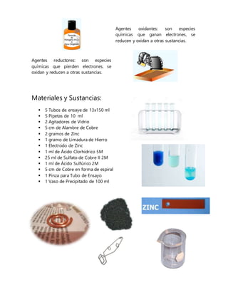 Agentes oxidantes: son especies
químicas que ganan electrones, se
reducen y oxidan a otras sustancias.
Agentes reductores: son especies
químicas que pierden electrones, se
oxidan y reducen a otras sustancias.
Materiales y Sustancias:
 5 Tubos de ensaye de 13x150 ml
 5 Pipetas de 10 ml
 2 Agitadores de Vidrio
 5 cm de Alambre de Cobre
 2 gramos de Zinc
 1 gramo de Limadura de Hierro
 1 Electrodo de Zinc
 1 ml de Ácido Clorhídrico 5M
 25 ml de Sulfato de Cobre II 2M
 1 ml de Ácido Sulfúrico 2M
 5 cm de Cobre en forma de espiral
 1 Pinza para Tubo de Ensayo
 1 Vaso de Precipitado de 100 ml
 