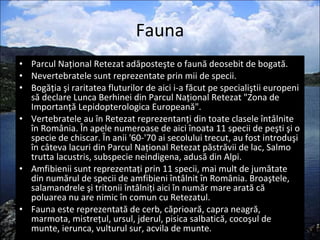 Fauna Parcul Naţional Retezat adăposteşte o faună deosebit de bogată. Nevertebratele sunt reprezentate prin mii de specii.  Bogăţia şi raritatea fluturilor de aici i-a făcut pe specialiştii europeni să declare Lunca Berhinei din Parcul Naţional Retezat "Zona de Importanţă Lepidopterologica Europeană".  Vertebratele au în Retezat reprezentanţi din toate clasele întâlnite în România. În apele numeroase de aici înoata 11 specii de peşti şi o specie de chiscar. În anii '60-'70 ai secolului trecut, au fost introduşi în câteva lacuri din Parcul Naţional Retezat păstrăvii de lac, Salmo trutta lacustris, subspecie neindigena, adusă din Alpi.  Amfibienii sunt reprezentaţi prin 11 specii, mai mult de jumătate din numărul de specii de amfibieni întâlnit în România. Broaştele, salamandrele şi tritonii întâlniţi aici în număr mare arată că poluarea nu are nimic în comun cu Retezatul.  Fauna este reprezentată de cerb, căprioară, capra neagră, marmota, mistreţul, ursul, jderul, pisica salbatică, cocoşul de munte, ierunca, vulturul sur, acvila de munte. 