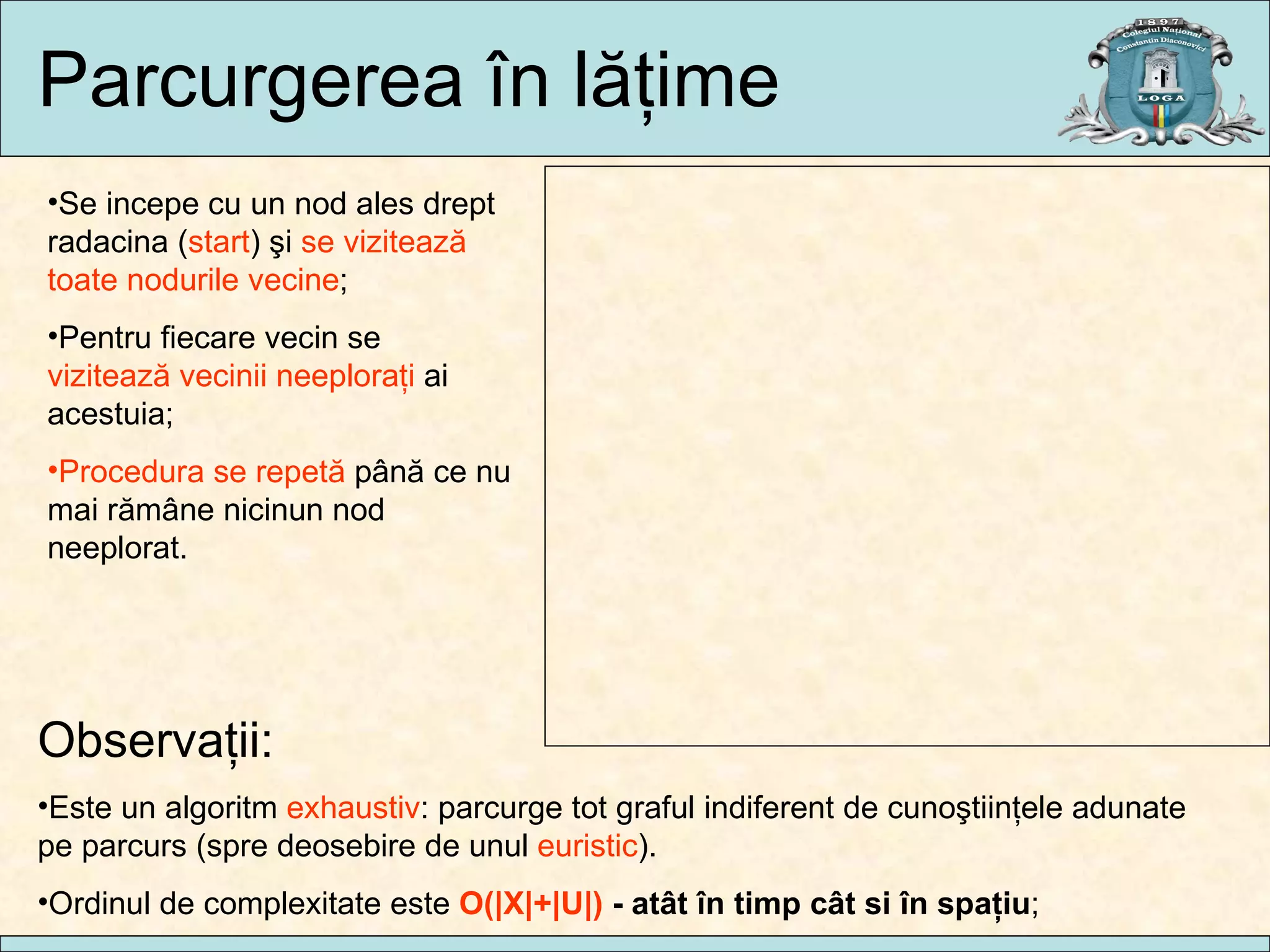 Parcurgerea  în lăţime Se incepe cu un nod ales drept radacina ( start ) şi  se  viz itează toate nodurile vecine ; Pentru fiecare vecin se  vizitea ză vecinii neeploraţi  ai acestuia ; Procedura se repetă  până ce nu mai rămâne nicinun nod neeplorat. Observaţii : Este un algoritm  exhaustiv : parcurge tot graful indiferent de cuno ştiinţele adunate pe parcurs (spre deosebire de unul  euristic ). Ordinul de complexitate este  O( |X|+|U|)  - at ât în timp cât si în spaţiu ; A B C D E F G H 