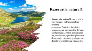 Rezervaţia naturală
• Rezervația naturală este o arie în
care întregul cadru natural sau
anumite
exemplare floristice, faunistice
sau geologice sunt ocrotite de lege.
Sunt protejate, pentru conservarea
lor, ecosisteme, specii de plante sau
de animale, elemente geologice etc.
de interes științific sau peisagistic.
 
