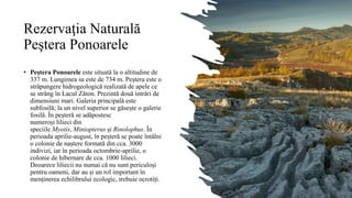 Rezervaţia Naturală
Peştera Ponoarele
• Peștera Ponoarele este situată la o altitudine de
337 m. Lungimea sa este de 734 m. Peștera este o
străpungere hidrogeologică realizată de apele ce
se strâng în Lacul Zăton. Prezintă două intrări de
dimensiuni mari. Galeria principală este
subfosilă; la un nivel superior se găsește o galerie
fosilă. În peșteră se adăpostesc
numeroși lilieci din
speciile Myotis, Miniopterus și Rinolophus. În
perioada aprilie-august, în peșteră se poate întâlni
o colonie de naștere formată din cca. 3000
indivizi, iar în perioada octombrie-aprilie, o
colonie de hibernare de cca. 1000 lilieci.
Deoarece liliecii nu numai că nu sunt periculoși
pentru oameni, dar au și un rol important în
menținerea echilibrului ecologic, trebuie ocrotiți.
 